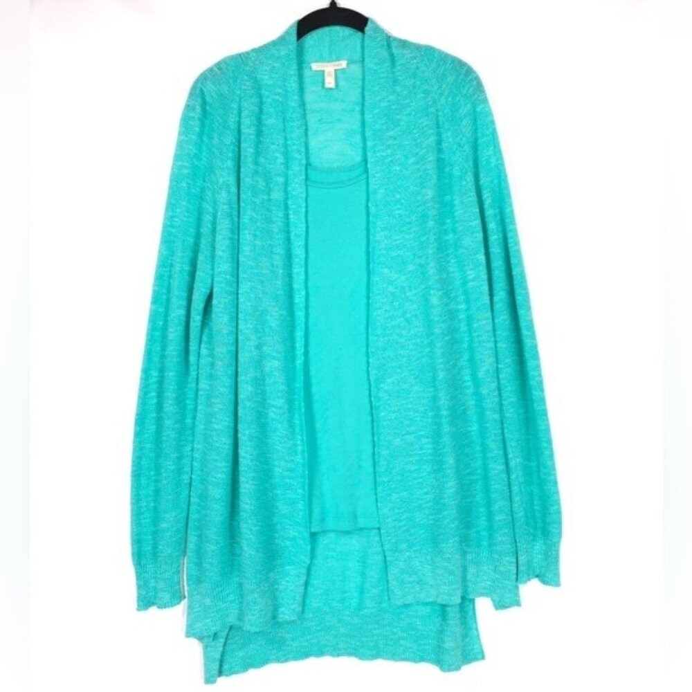 EILEEN FISHER SET Women ORGANIC COTTON Knit Open Cardigan +‎ Tank Top S/P Aqua